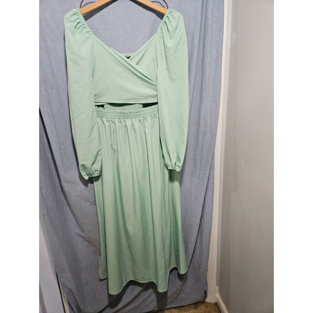 KooJooin Sage Mint Green Puff Sleeve Smocked Cutout Maxi Dress Side Slit M